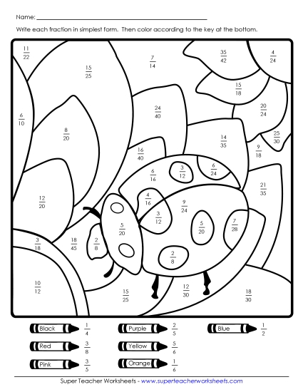 Fractions: Ladybug Mystery Picture Worksheet