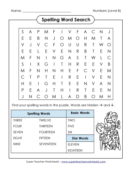Word Search (B-Number Words) Spelling B Worksheet
