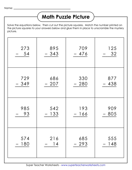 3-Digit Subtraction: Cut-and-Glue Mystery Picture Puzzle Worksheet