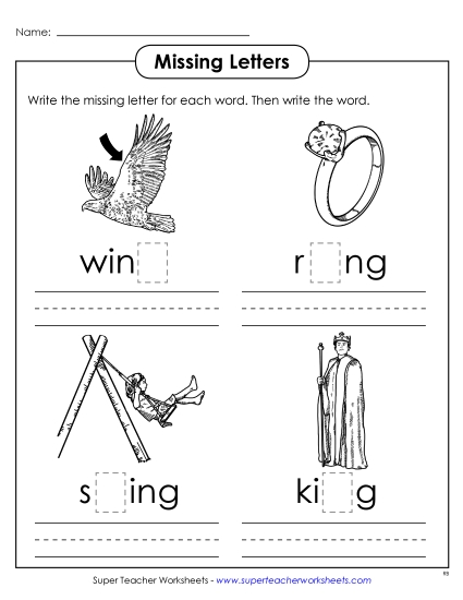 Missing Letters (-ing) Word Families Worksheet