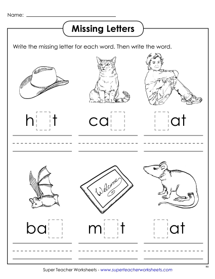 Missing Letters (-at) Word Families Worksheet