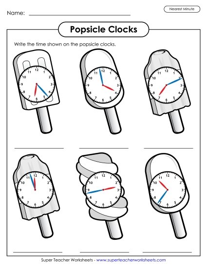 Popsicle Clocks - Nearest Minute Summer Worksheet