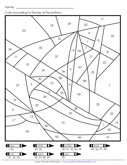 Color-by-Number: Boat or Plane (Numbers to 50) Color By Number Worksheet