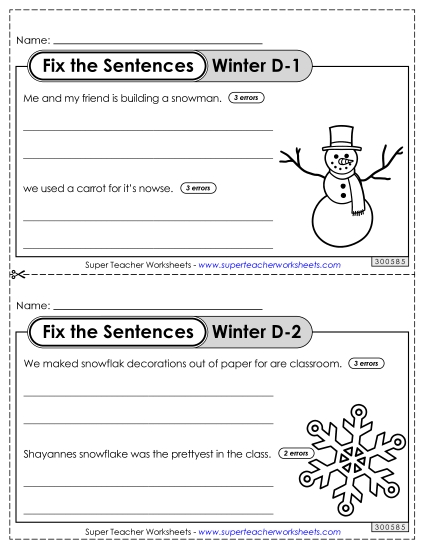 Fix the Sentences: Winter (Level D) Worksheet