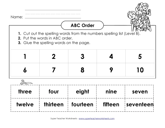 ABC Order: Cut and Glue (B-Number Words)  Spelling B Worksheet