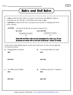 New Rates and Unit Rates (Basic) Worksheet