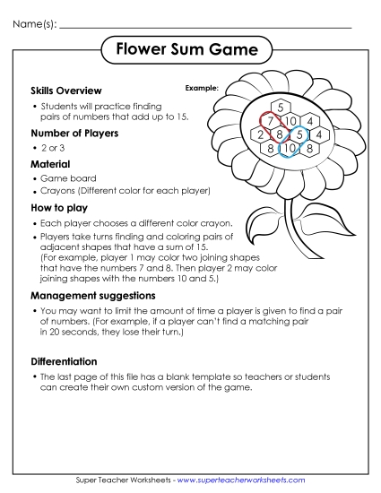Addition Sum Game Worksheet