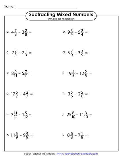 Subtracting Mixed Numbers with Like Denominators (Horizontal) Fractions Worksheet