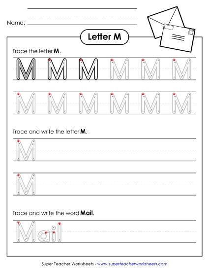 Uppercase M (Outlined Letters) Printing Handwriting Worksheet