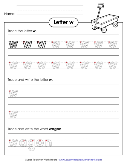 Lowercase w (Outlined Letters) Printing Handwriting Worksheet