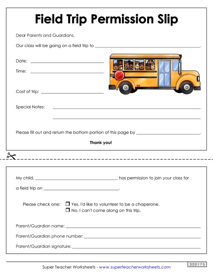Field Trip Permission Slip Free Teachingtools Worksheet
