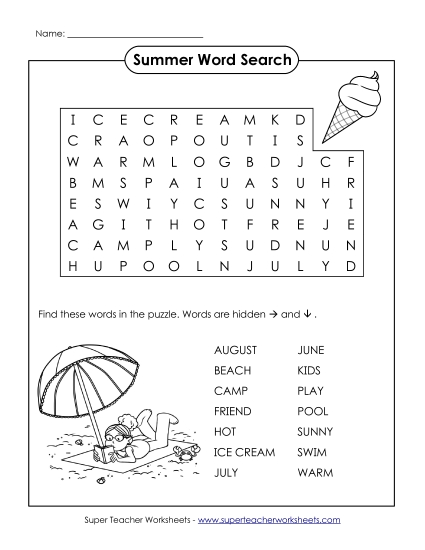 Word Search Puzzle - Summer (Easy) Free Wordsearch Worksheet