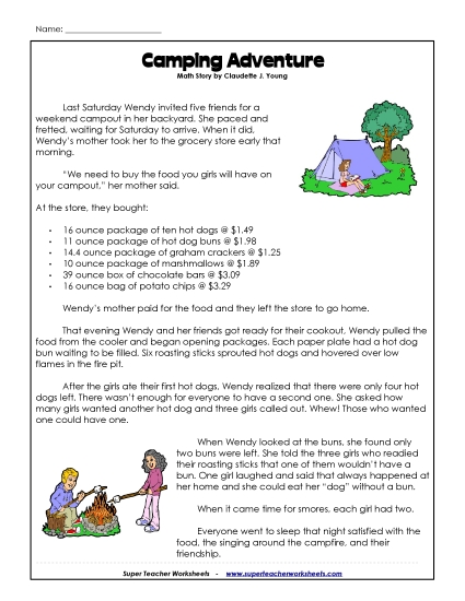 Math Story - Camping  (Grades 4-5) Word Problems Worksheet