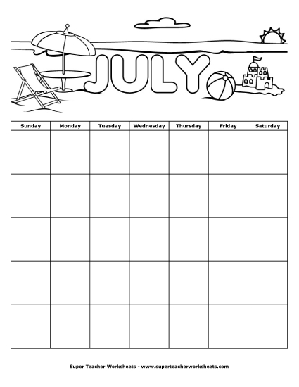 July Calendar (Blank) Calendars Worksheet