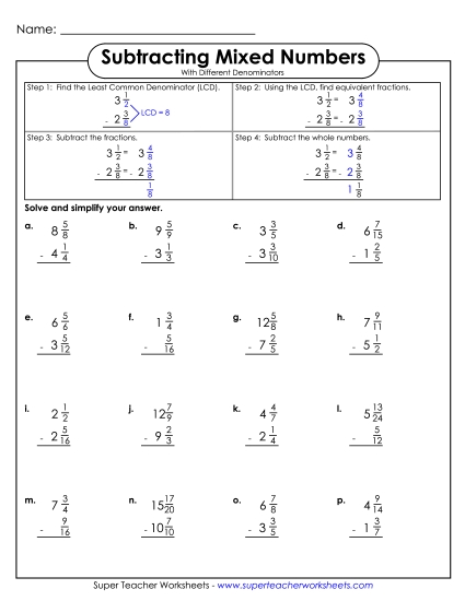 Subtracting Mixed Numbers w/ Different Denominators (Vertical) Fractions Worksheet