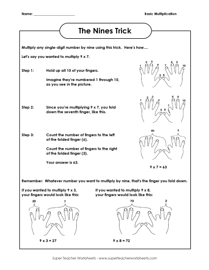 Multiplication Nines Trick Worksheet