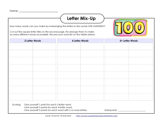 Hundred Days Letter Mix (Intermediate) 100th Day Worksheet