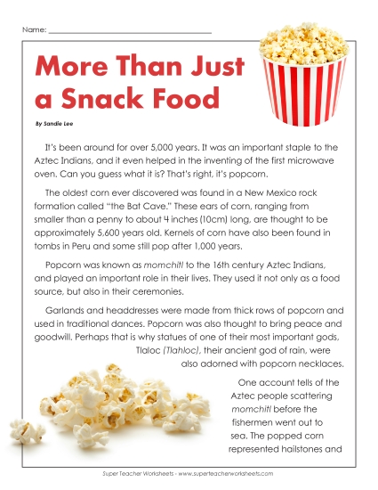 History of Popcorn (Article) 4th Grade Reading Comprehension Worksheet