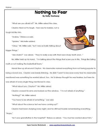 Nothing to Fear 4th Grade Reading Comprehension Worksheet