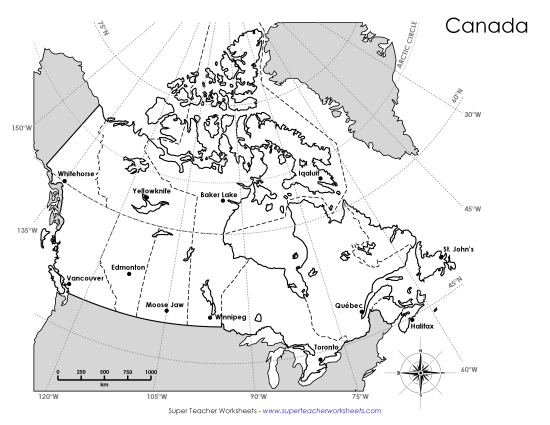 Canada - Latitude and Longitude w/ Questions Worksheet