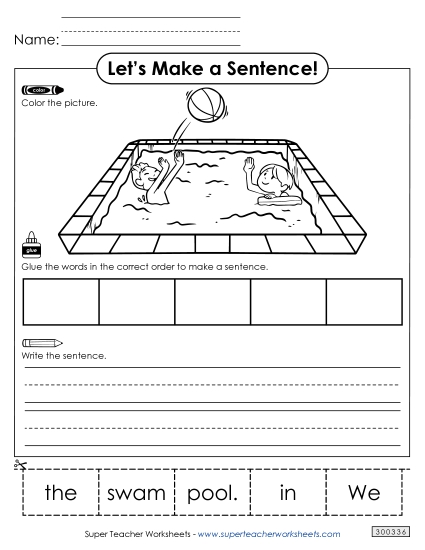 Build-a-Sentence: Swim in the Pool Sentences Basic Worksheet