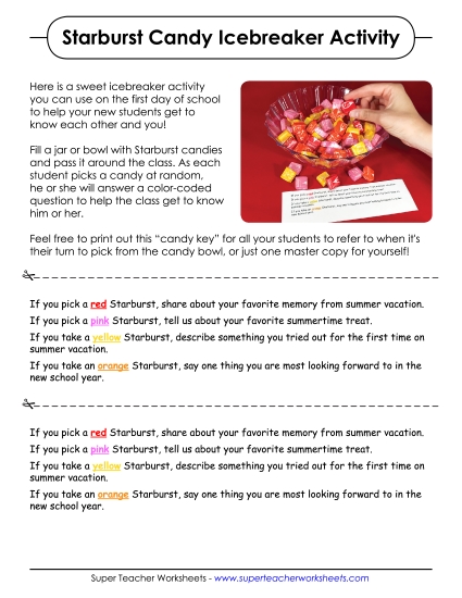 Starburst Candy Icebreaker Activity Backtoschool Worksheet
