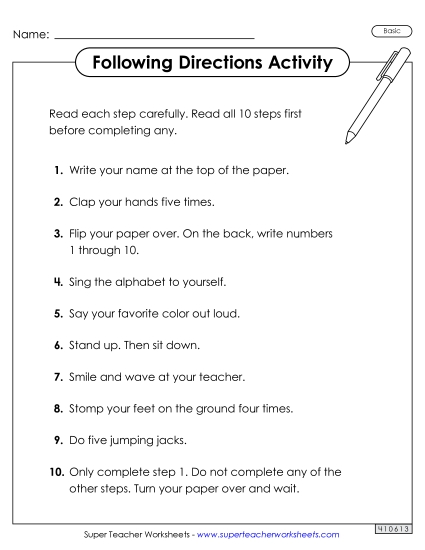 Following Directions Activity (Basic) Backtoschool Worksheet