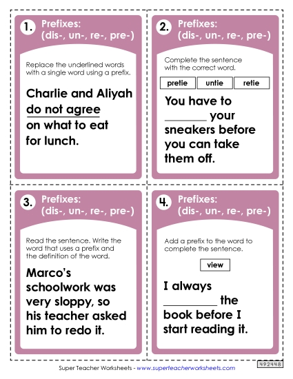 Prefixes Task Cards (dis-, un-, re-, pre-) Prefixes Suffixes Worksheet