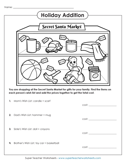 Secret Santa Addition (Money) Worksheet