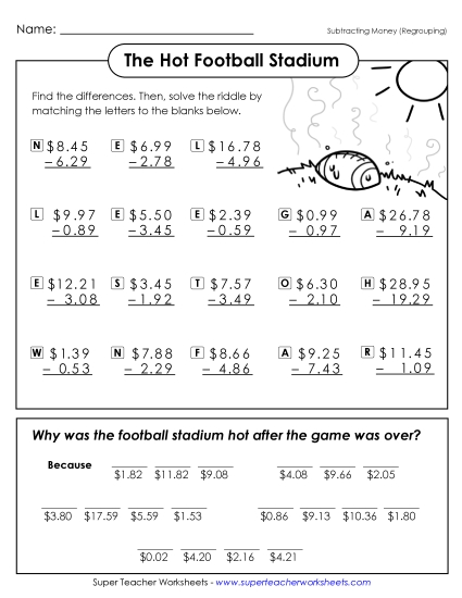 Math Riddle: Hot Football Stadium Subtraction Worksheet