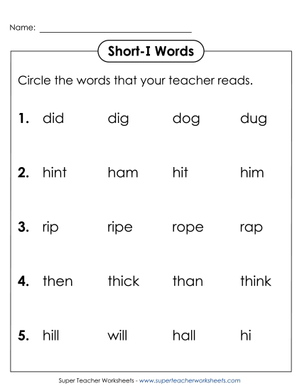Listen and Circle: Short I (1) Phonics Long Short I Worksheet