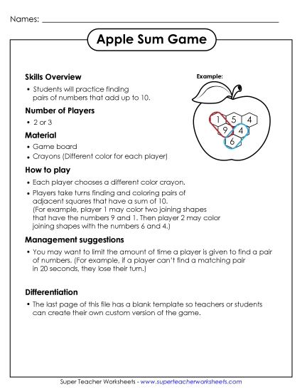 Apple Sum Game Addition Sum Game Worksheet