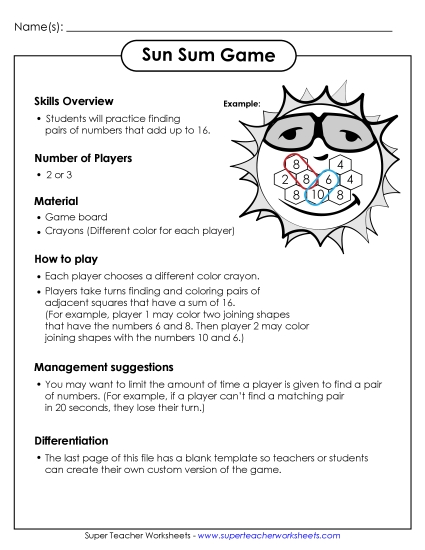 Addition Sum Game Worksheet
