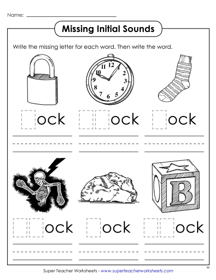 Missing Initial Sounds (-ock) Word Families Worksheet