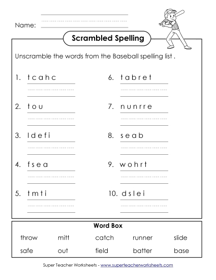 Unscramble the Spelling Words (B-Baseball)  Spelling B Worksheet