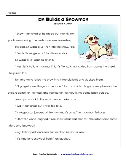 Ian Builds a Snowman  Grade Reading Comprehension Worksheet
