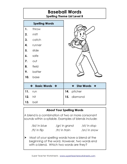 Spelling List (B-Baseball)  Spelling B Worksheet