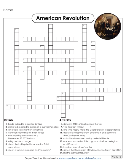 Revolutionary War Crossword Worksheet