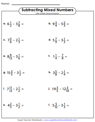 Subtracting Mixed Numbers Worksheets - Unlike Denominators Subtracting Mixed Numbers Worksheets - Unlike Denominators