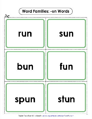 Word Family Unit -un Words Printable Flashcards Activity Worksheet Word Family Unit -un Words Printable Flashcards Activity Worksheet
